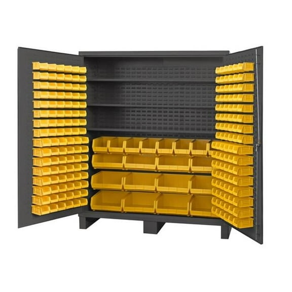 14 Gauge Flush Style Lockable Double Door Storage Cabinet with 212 Yellow Hook on Bins & 3 Adjustable Shelves, Gray - 72 in.