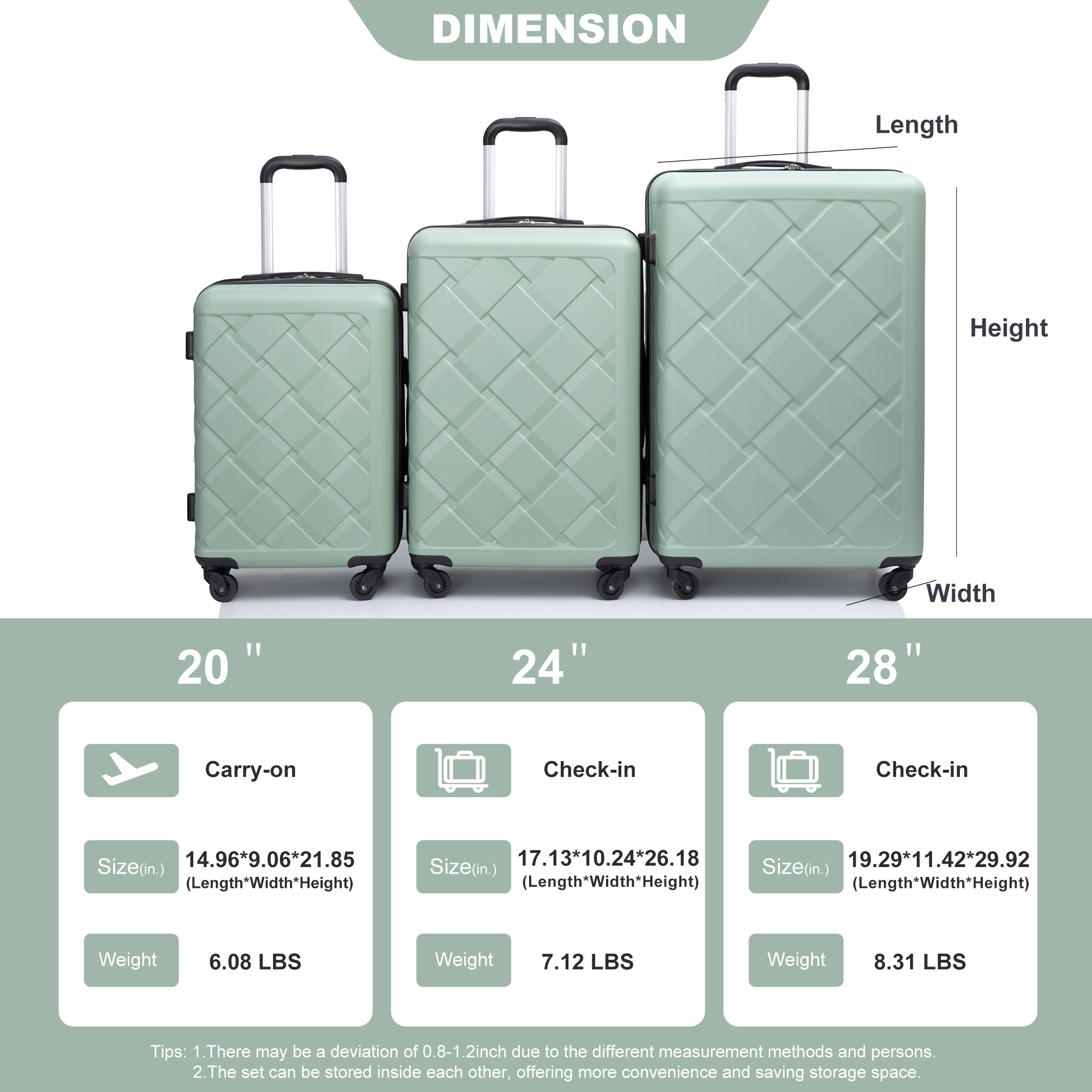 8-Piece Set Hardshell Luggage Sets with Spinner Wheels ABS Suitcase Lightweight Durable Suitcase(20/24/28+portable handbag + 4 pieces storage bag set)