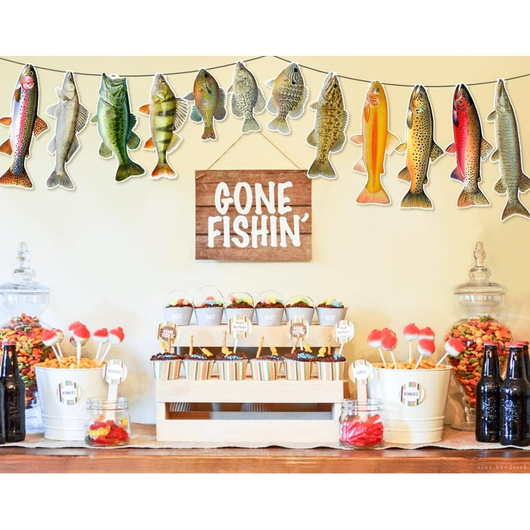 Fishing Birthday Decorations DU20Gone Fishing Party Supplies Sunfish Trout  Bass Fishing Banner for Adults and Kids
