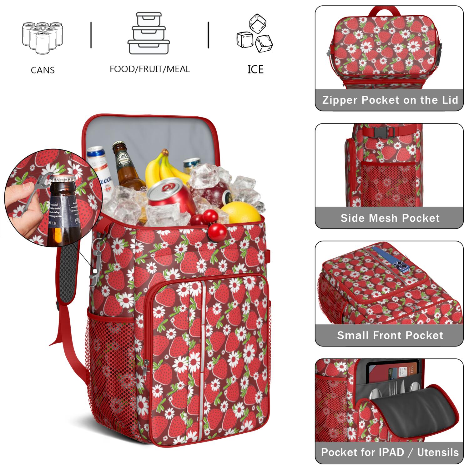 Travel Cooler Bag - Red Strawberry Plants Fruit Camping Beer Cooler Backpack with Bottle Opener- Waterproof Insulated Picnic Backpacks - Cooler Bag for Beach