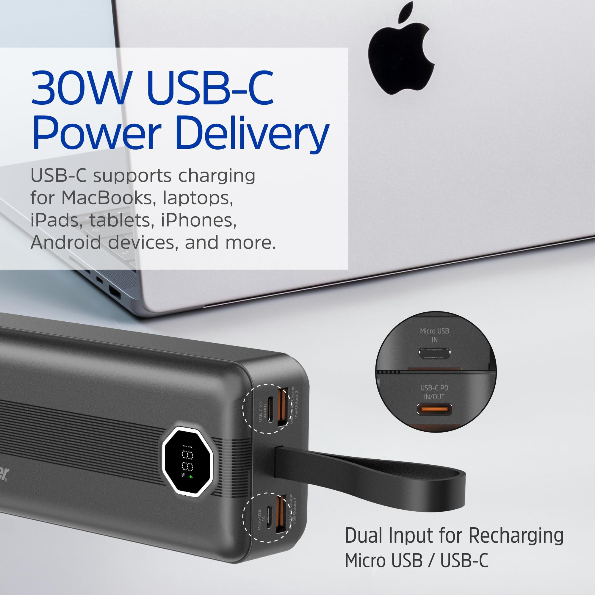 Energizer 30000mAh Power Bank with USB C 30W PD & USB A 22.5W Fast Charging, LCD Display, Triple Outputs for Multiple Devices, Perfect for iPhone, Samsung, Android Devices, Tablets_UE30029PQ