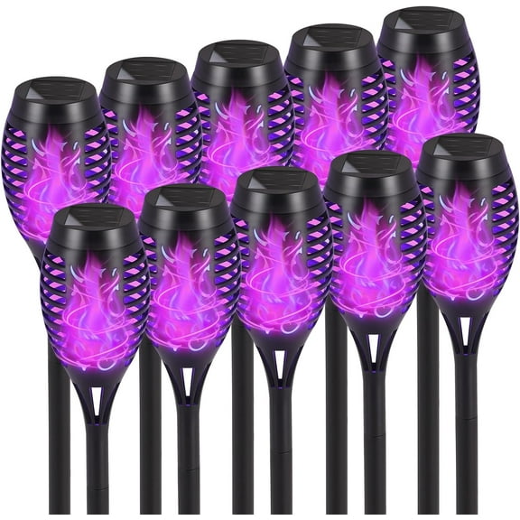 LED Solar Torch Flame Lights-10PCS, Outdoor Waterproof Lawn Lights W/Purple Flickering Flame, Solar Powered Pathway Lights for Garden Patio Yard Xmas Decoration, Auto On/Off Solar Outdoor Lights