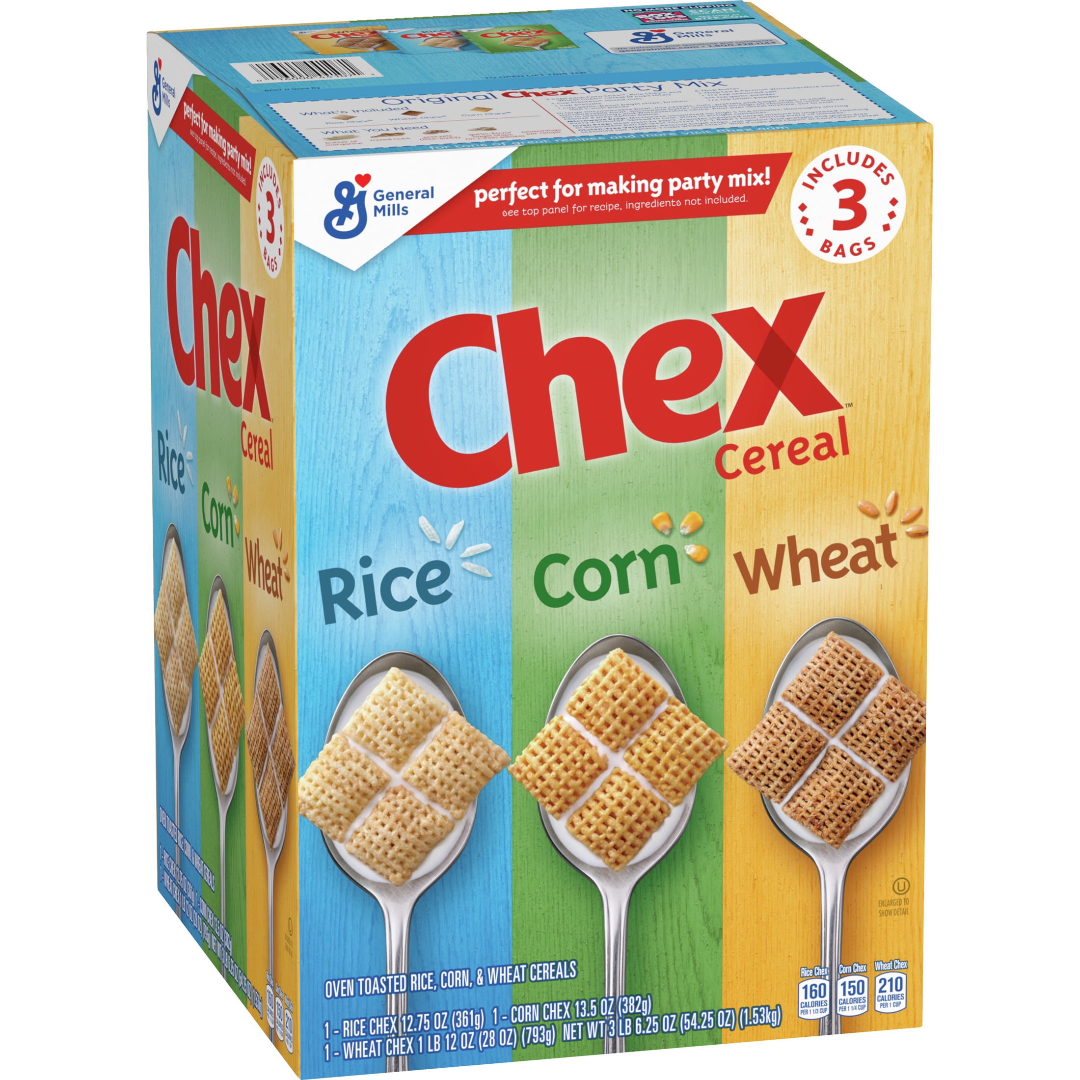 Chex Cereal Party Mix Variety Pack, Corn, Rice and Wheat Chex, 3 ct, 54.25 oz