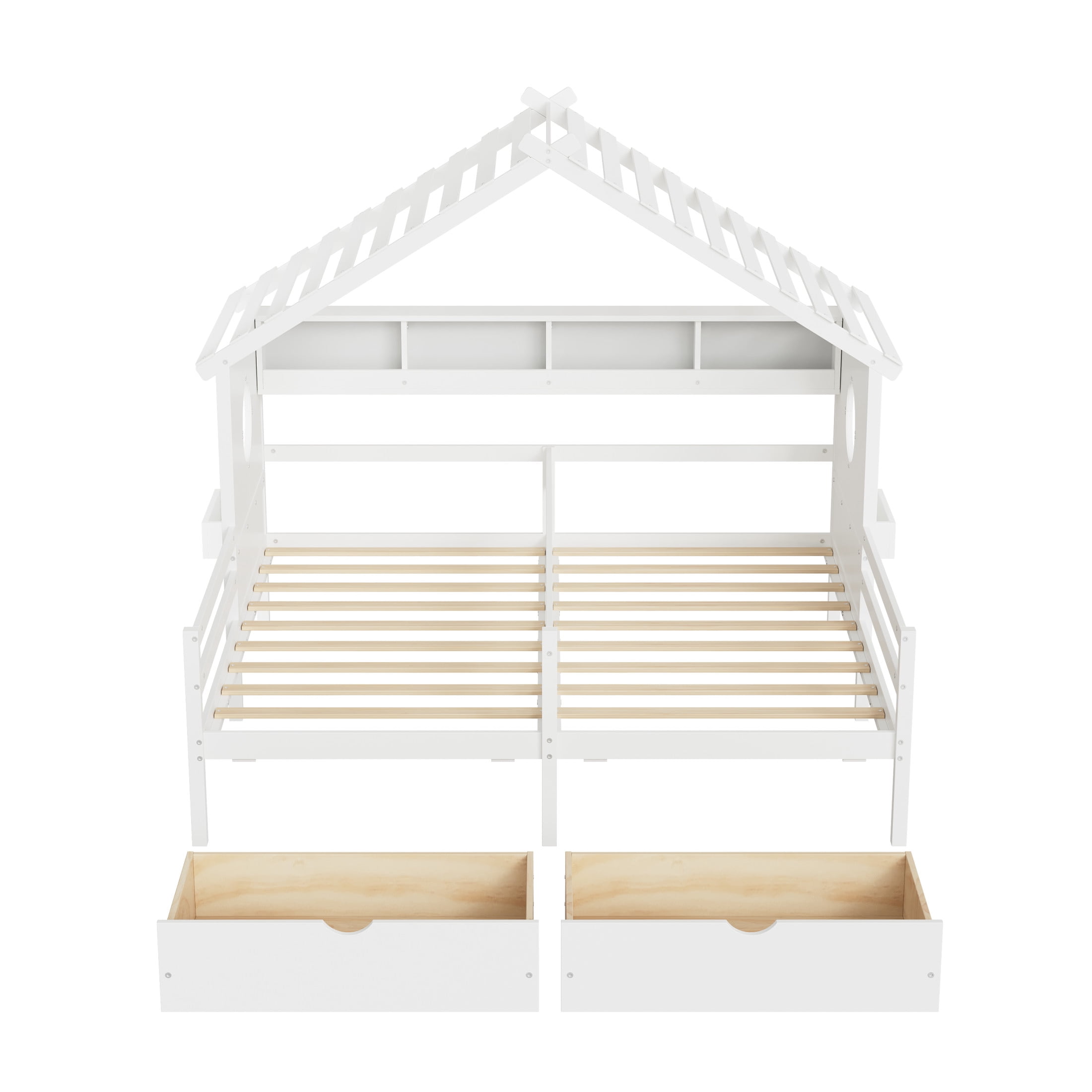 Noble House Twin Kids House Bed with Two Side-by-Side Beds, Bookcase and Under-Bed Drawers, White
