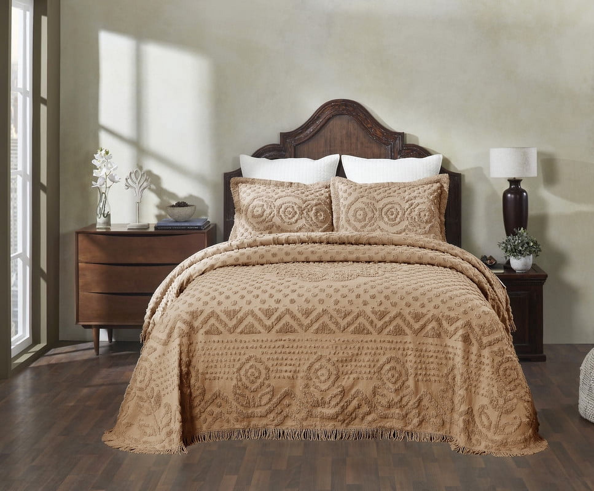Better Trends Chenille Bedspread For King Size Bed 100% Cotton Medallion Design Lightweight Bedspread for all Season 120" x 110" Heirloom Collection (Tan)