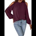 thumbnail image 3 of Blusas Elegantes e Informales para Mujer, con Hombros Descubiertos, Cuello con Volantes, Camisas de Moda de Otoño para el Trabajo Vino Tinto XXL, 3 of 10