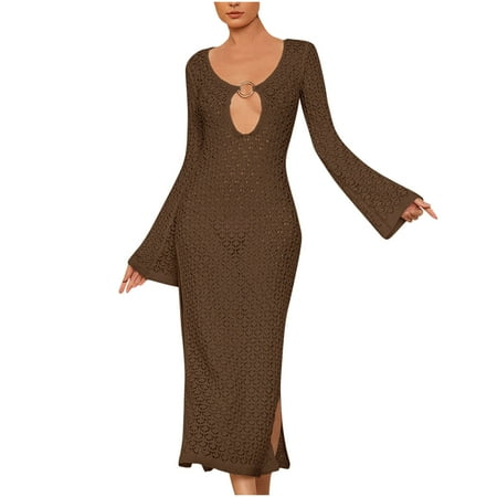 DISKEBUISS Womens Crochet Maxi Dress Mesh Long Sleeve Sexy V Neck Bodycon Swimsuit Cover Up Beach Bikini Coverup Dresses