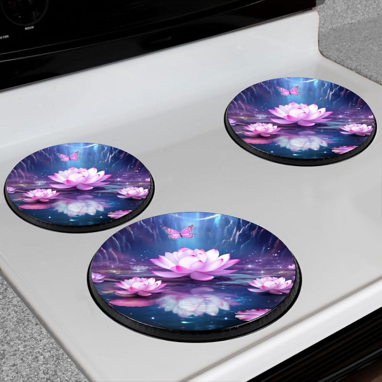BaHomeck Electric Stove Burner Covers Set of 4,Round Metal Gas Stove Burner Covers 8 Inch and 10 Inch,Kitchen Decor,Serene Lotus Pond With Pink Petals Floating On The Water