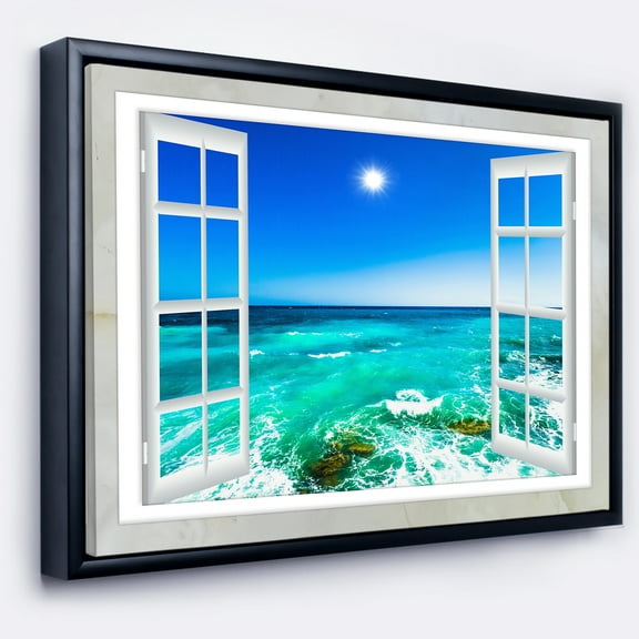 Designart ' Open Window to Wavy Ocean ' Extra Large Seashore Framed Canvas Art