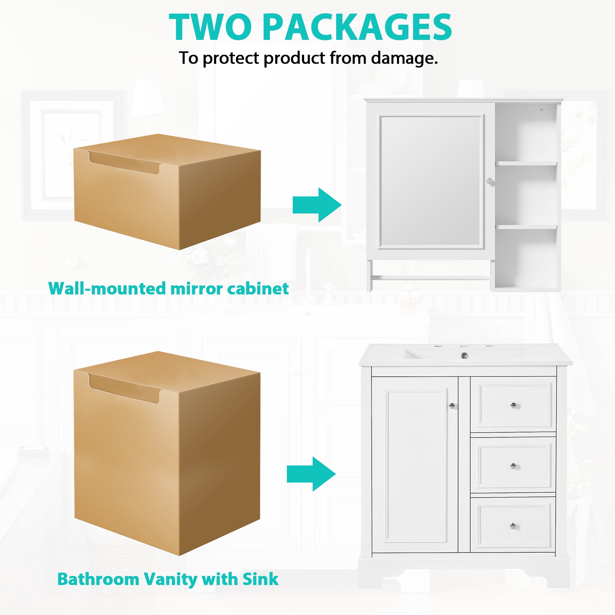 EUROCO 30" Bathroom Vanity with Resin Sink and Mirror Cabinet,Modern Bathroom Sink Cabinet with Adjustable Storage Shelves,Towels Bar and 3 Drawers,Solid Wood Frame Bathroom Vanities