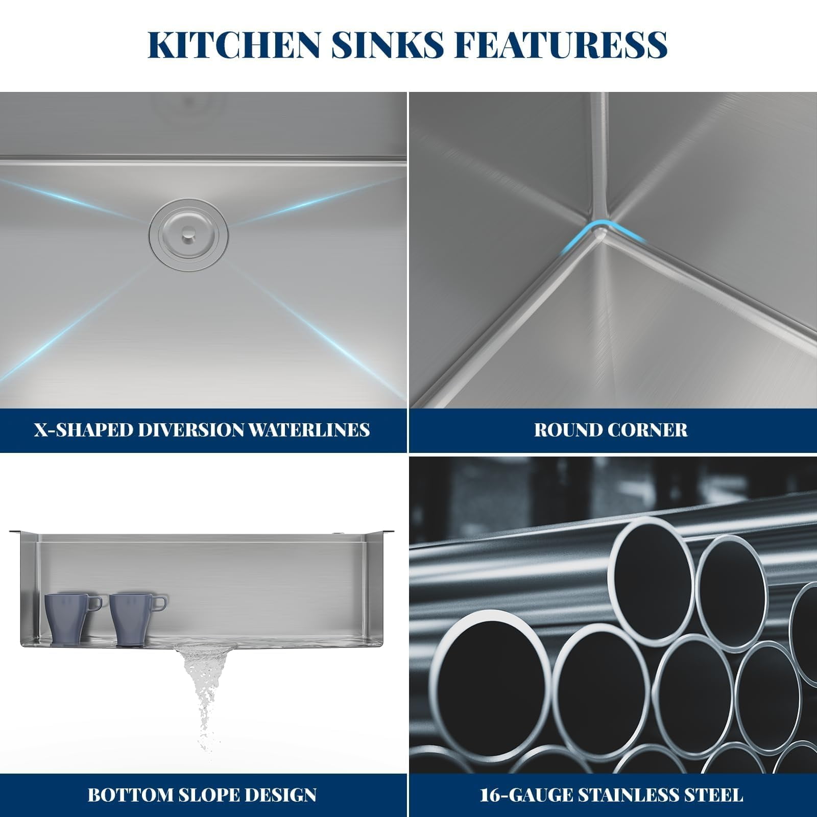 DSstyles Deluxe Double Bowl Undermount Kitchen Basin 33x19x10 Inch – 304 Brushed Stainless Steel, Deep Basin, Bottom Grids, Drainboard, Noise Reduction, Commercial Grade, Easy Clean