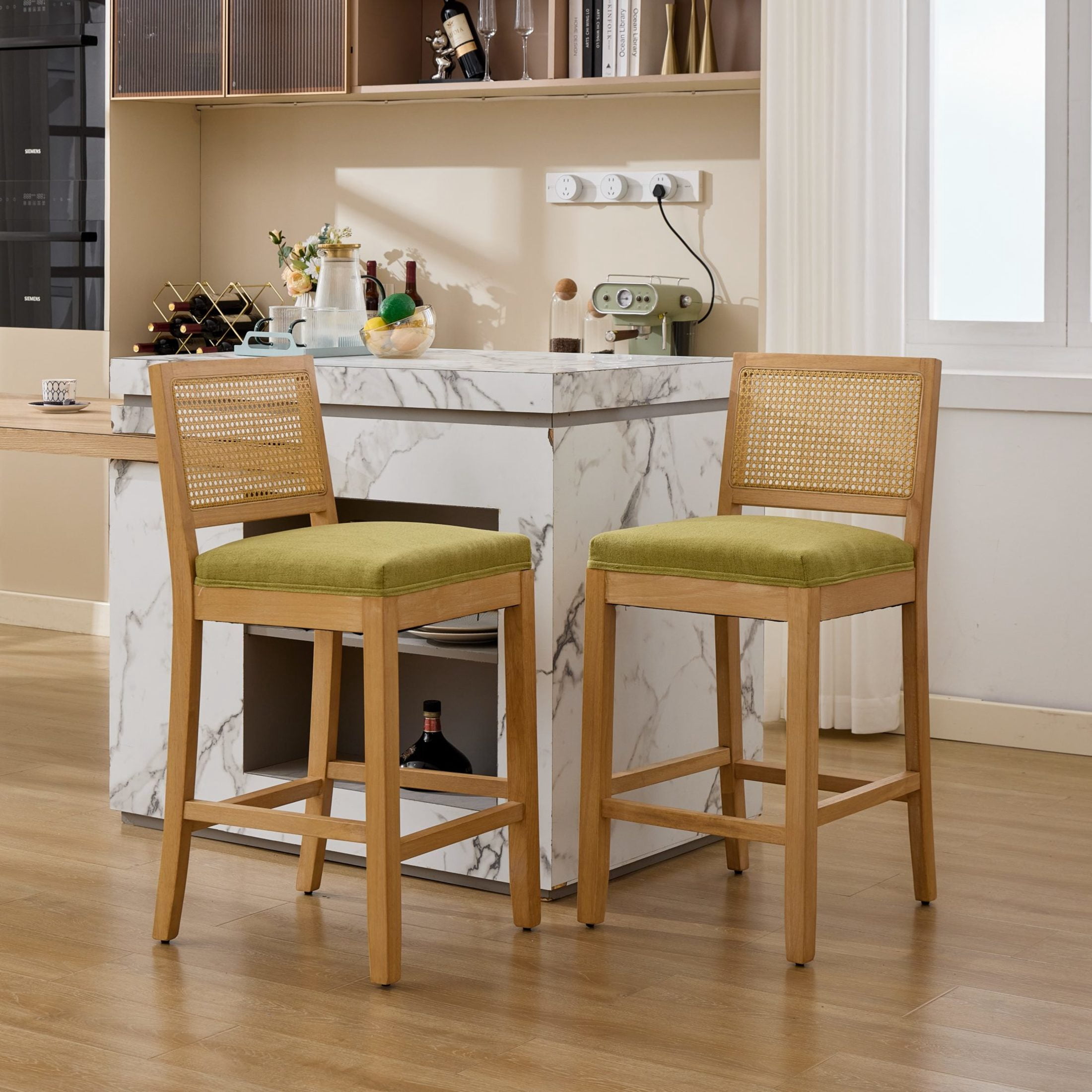 GDF Studio 19.7" Rustic Bar Stools Set of 2 with Linen Cushioned Seat & Rattan-Inspired Backrest, Green