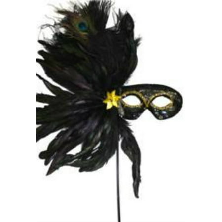 Black Feather Stick Mask Masquerade Ball Mardi Gras Sequin Fabric