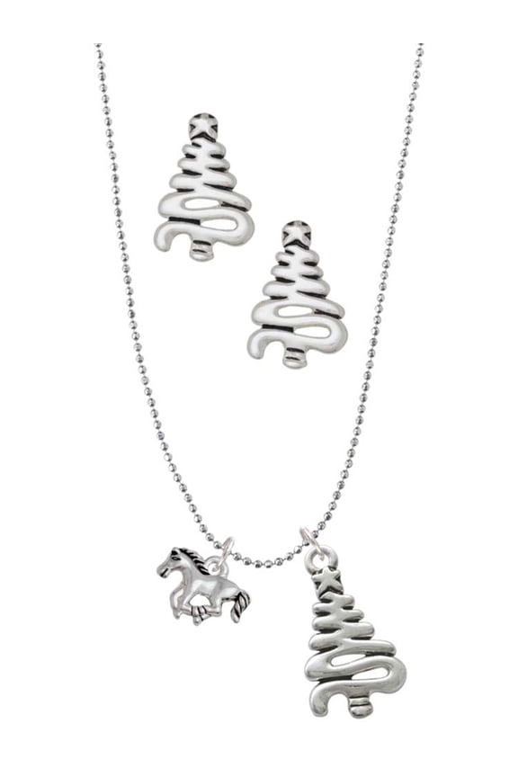 Silvertone Mini Running Horse Silver tone Zig Zag Christmas Tree Charm Necklace and Stud Earrings