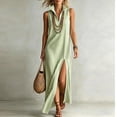 thumbnail image 4 of ZQUUVOU Women's Sleeveless Striped Maxi Dress Stand Collared V Neck High Slit Hem Casual Shift Dress Summer Vacation Outfits Olive Green, 4 of 7