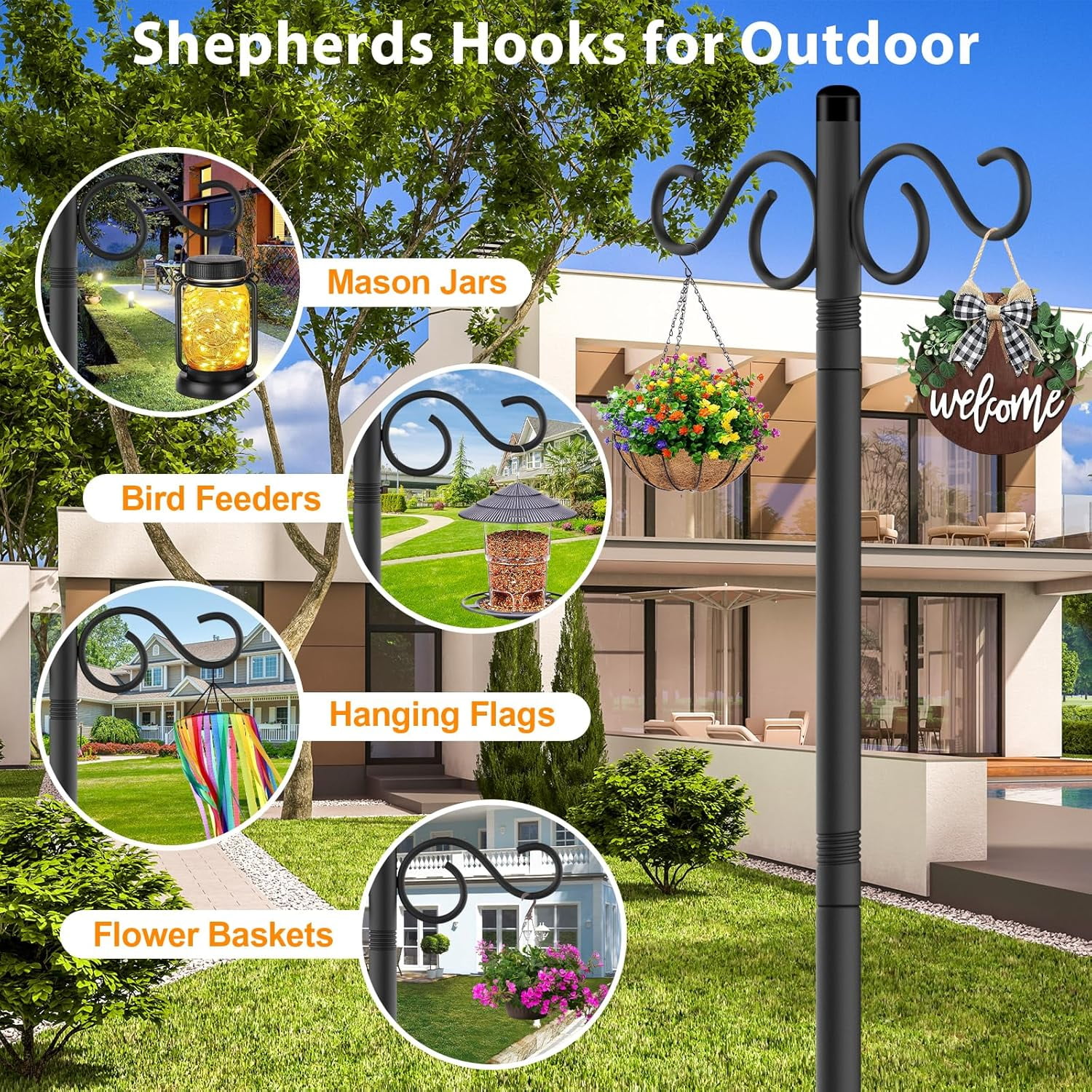 BAODELI Adjustable Shepherd Hooks for Outdoor,2 Pack 90 Inch 5 Prong Base Bird Two Sided Feeder Poles,Heavy Duty Shepherds Hook,Suitable for Garden in Hanging Flower Basket,Lantern,Bird Nests