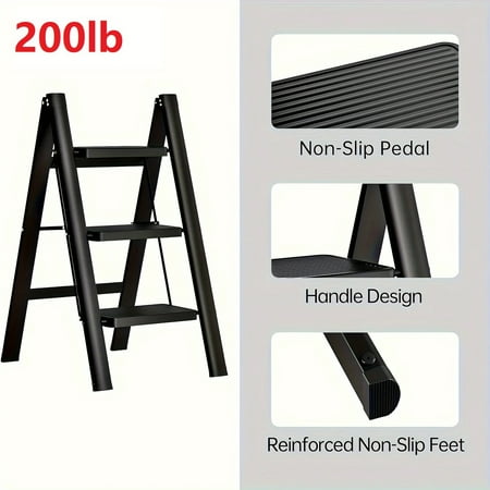 3 Step Ladder Heavy Duty Steel Folding Step Stool Anti Slip Pedals Lightweight Portable for Home Garage Workshop Ergonomic Handle Safety Rail Sturdy Construction