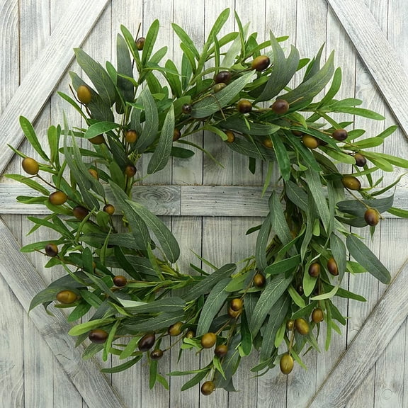 20“ Artificial Green Olive Wreath, Greenery Wreath with Olive Leaves, Bean for Front Door Indoor Outdoor Farmhouse Home Wall Window Festival Wedding Decor