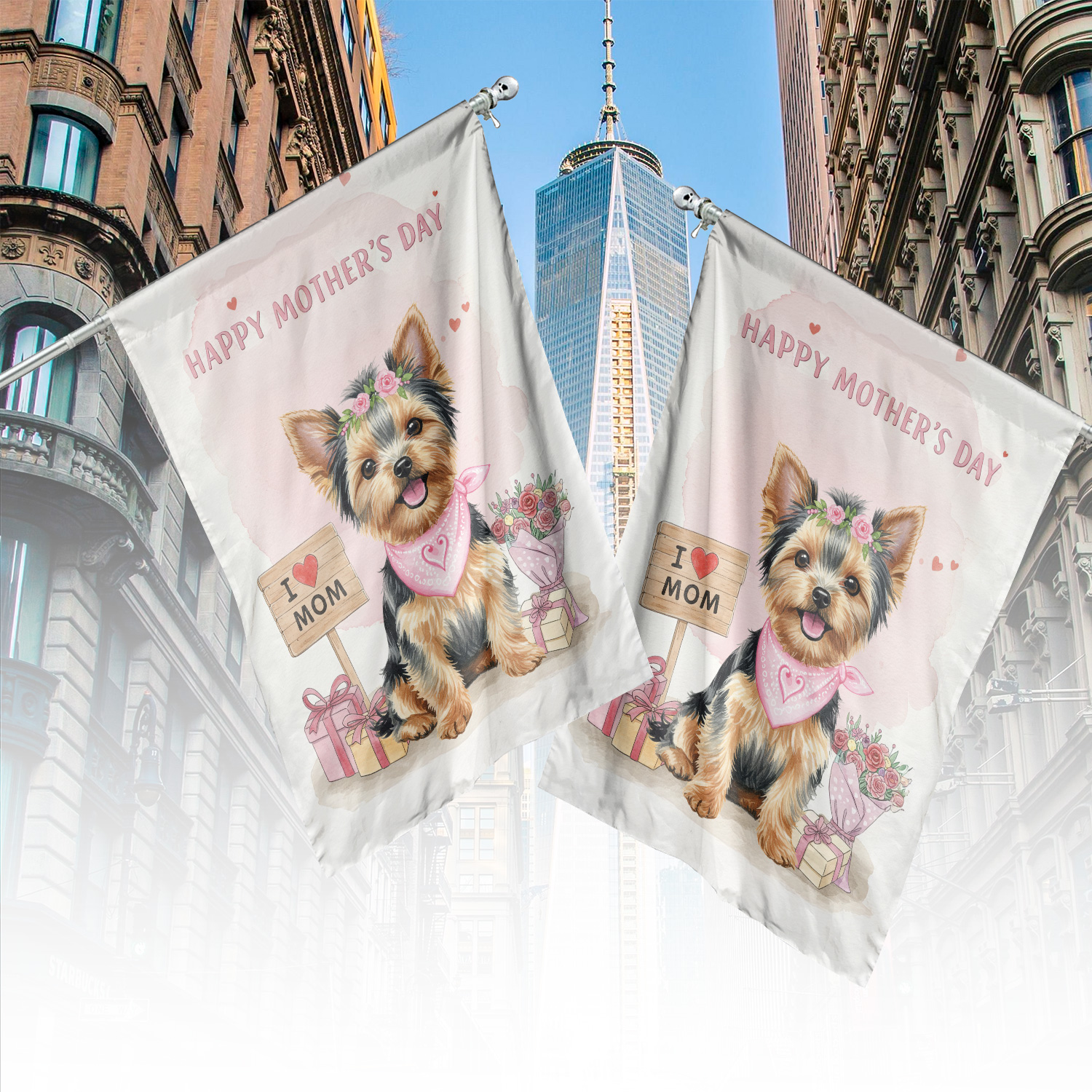 Happy Mother's Day Yorkshire Terrier Love Dog Mom Heart Flower House Flag 28x40in Double Sided Yorkie Dog Lover Gifts Outdoor Decor - 12004