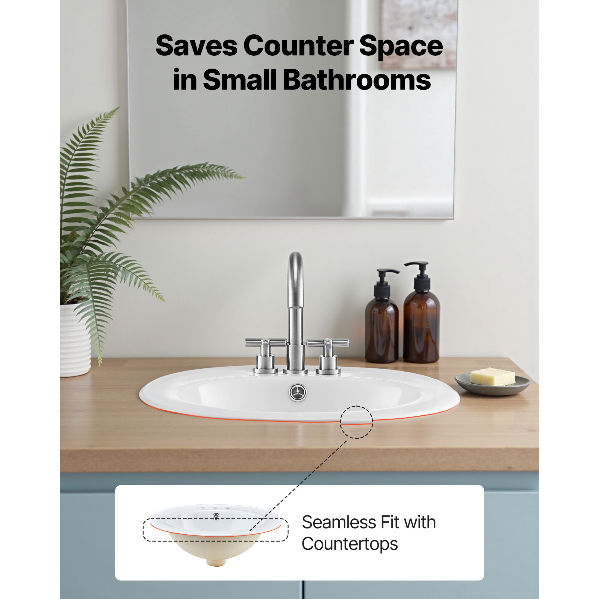 KFFKFF Semi-Recessed Bathroom Sink, 19.09 x 16.73 Inch Oval White Ceramic Basin with Overflow and 3 Faucet Holes, Drop-In Design for Modern Vanity or Compact Bathrooms