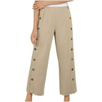 Clean Cotton Linen Capri Pants for Women Elastic Waisted Palazzo Pants Straight Wide Leg Causal Trousers Side Button Slacks Baggy Capris Dressy Work Outfits
