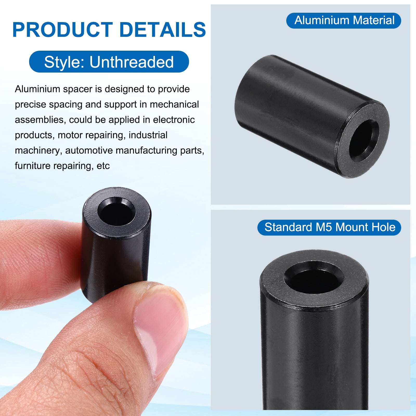 Uxcell 10pcs M5 Aluminium Spacers, 3/16" ID x 1/2" OD Round Standoff Spacer, Unthreaded Metal Spacers for 3/16" M5 Screws Bolts, Black 3/4" Length
