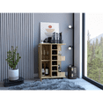 thumbnail image 2 of 32" H light oak bar-coffee cart, cabinet storage, with 4 wheels, 1 divided storage with 1 shelf, 1 folding door, a central vertical division for 6 bottles and 2 side shelves with aluminum front, 2 of 5