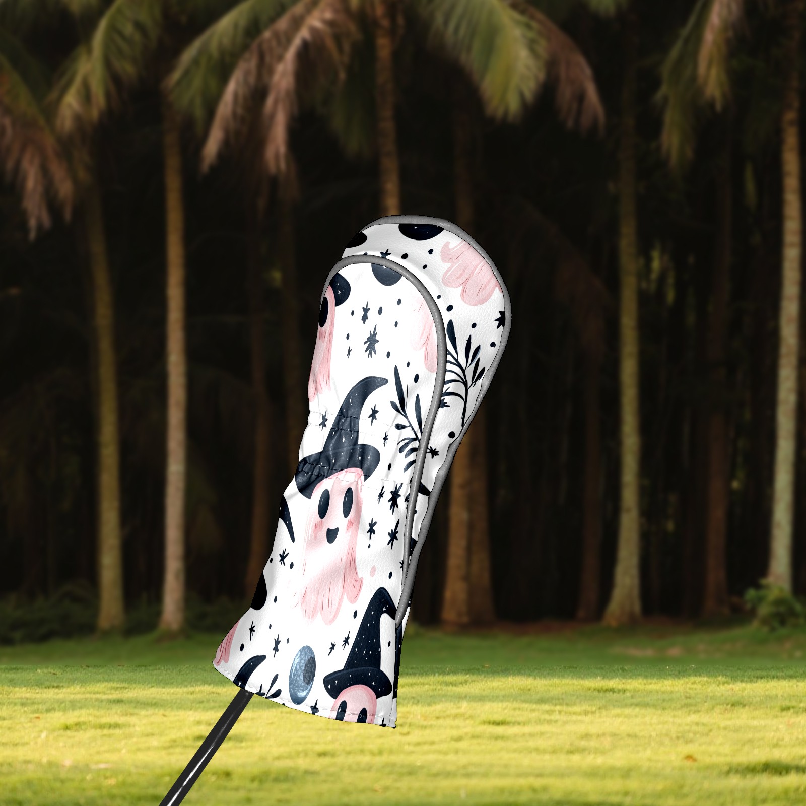 Golf Club Covers, Pink Ghost Witch Hat Premium PU Leather Driver Hybrid Putter Head Covers with Velvet Lining, Waterproof Golf Gifts for Men Women