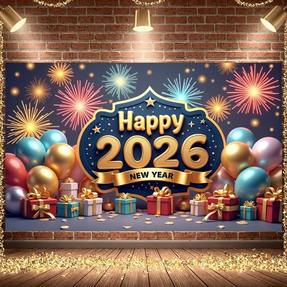 Gold Star Design Happy New Year Banner Firework Pattern 2026 New Year Display Colorful Balloons Gift Box Decor New Year Backdrop for New Year Party Holiday Celebration Indoor Decoration