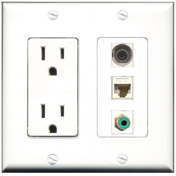 RiteAV - 15 Amp Power Outlet 1 Port RCA Green 1 Port 3.5mm 1 Port Cat6 Ethernet Ethernet White Decorative Wall Plate