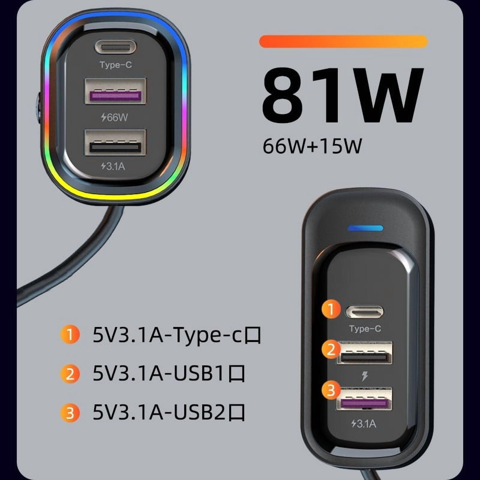 66W USB C Car Charger PD Fast Car Charger with Cable Multi Port Adapter for iPhone Android 12V 24V Car SUV Truck Van