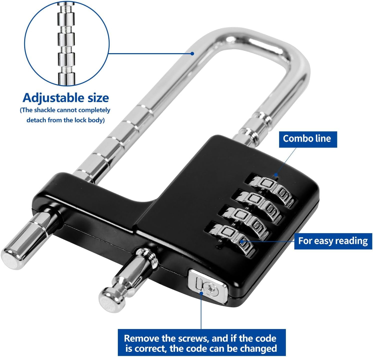 ABCISI Combination Padlock with Adjustable Shackle to Fit Different Locking Points, Zinc Alloy Versatile Lock for Cabinet Bike Gym Fences & Gate, Compact Size Can be Easily Carried and Stored, Black