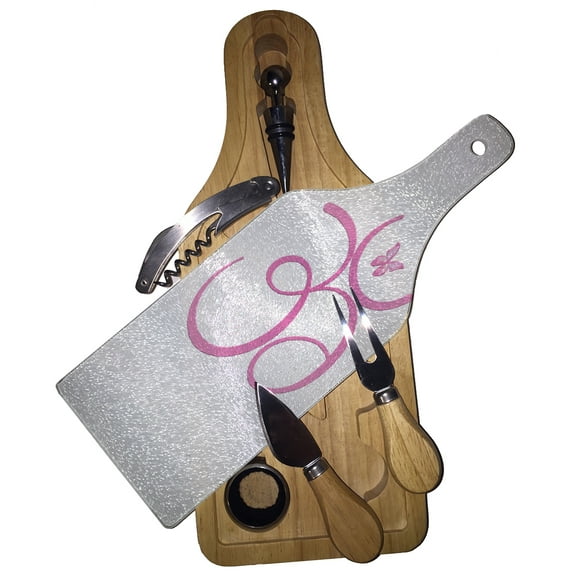 KuzmarK Wine & Cheese Glass Cutting Board Wood Box Gift Set - Om Pink Butterfly