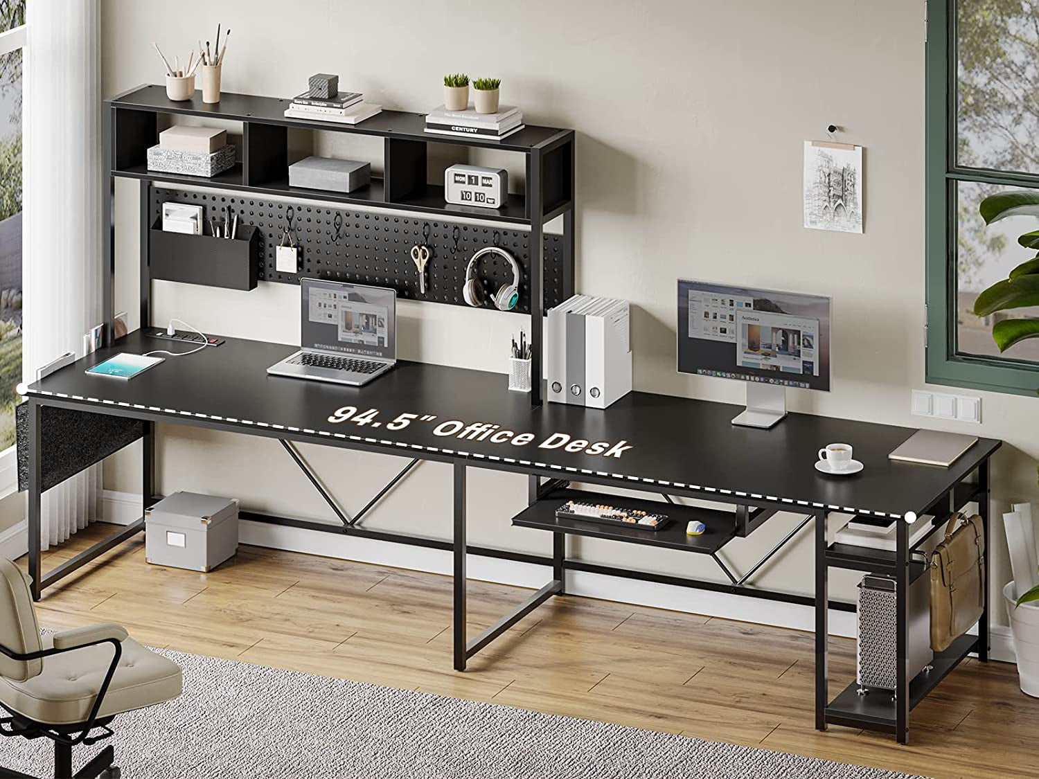 Reversible Computer Desk with LED Strips&Power Outlets, L-Shaped Office Desk with Storage Shelf/Pegboard for Bedroom, Writing Desk for Home Study, Black