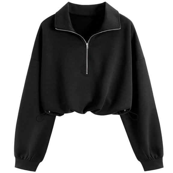 cocolona Womens Half Zip Cropped Sweatshirts Long Sleeve Drawstring Hem Solid Color Fall Pullover Casual Tops