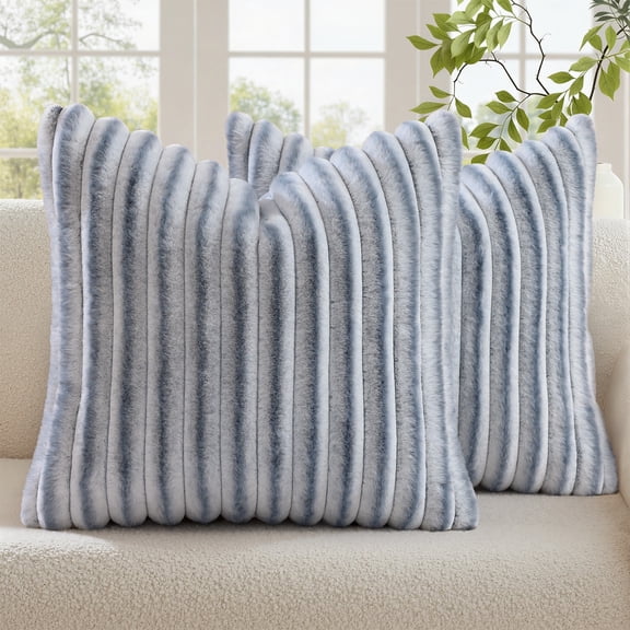 Smile Bee 20x20 inch Faux Fur Plush Decorative Throw Pillow Covers Set of 2, Soft Fluffy Striped Decorative Modern Couch Pillow Cases for Sofa and Bed, Light Blue & Grey