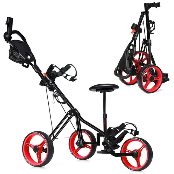 Costway Foldable 3 Wheel Push Pull Golf Club Cart Trolley w/Seat Scoreboard Bag Red