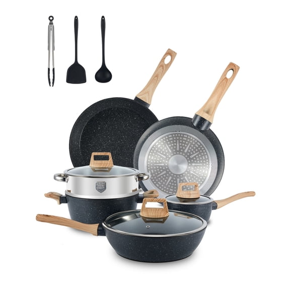 Fenbeli 12 Pcs Pots and Pans Set Nonstick,Ceramic Cookware Set with Pots Protectors and Cooking Utensils,Black