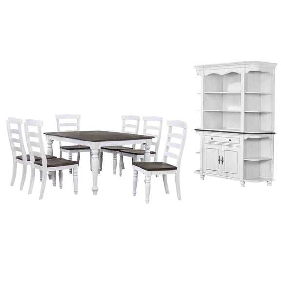French Chic Extending 96" Dining Set w 6 Chairs & China Cabinet White/Brown Wood