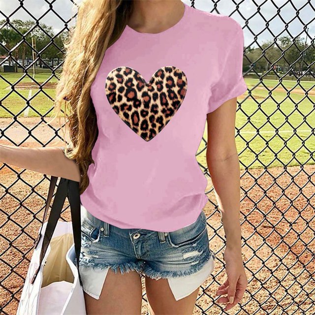 Soki Hauts Décontractés pour Femmes Imprimé Léopard Col Rond T-Shirt à Manches Courtes
