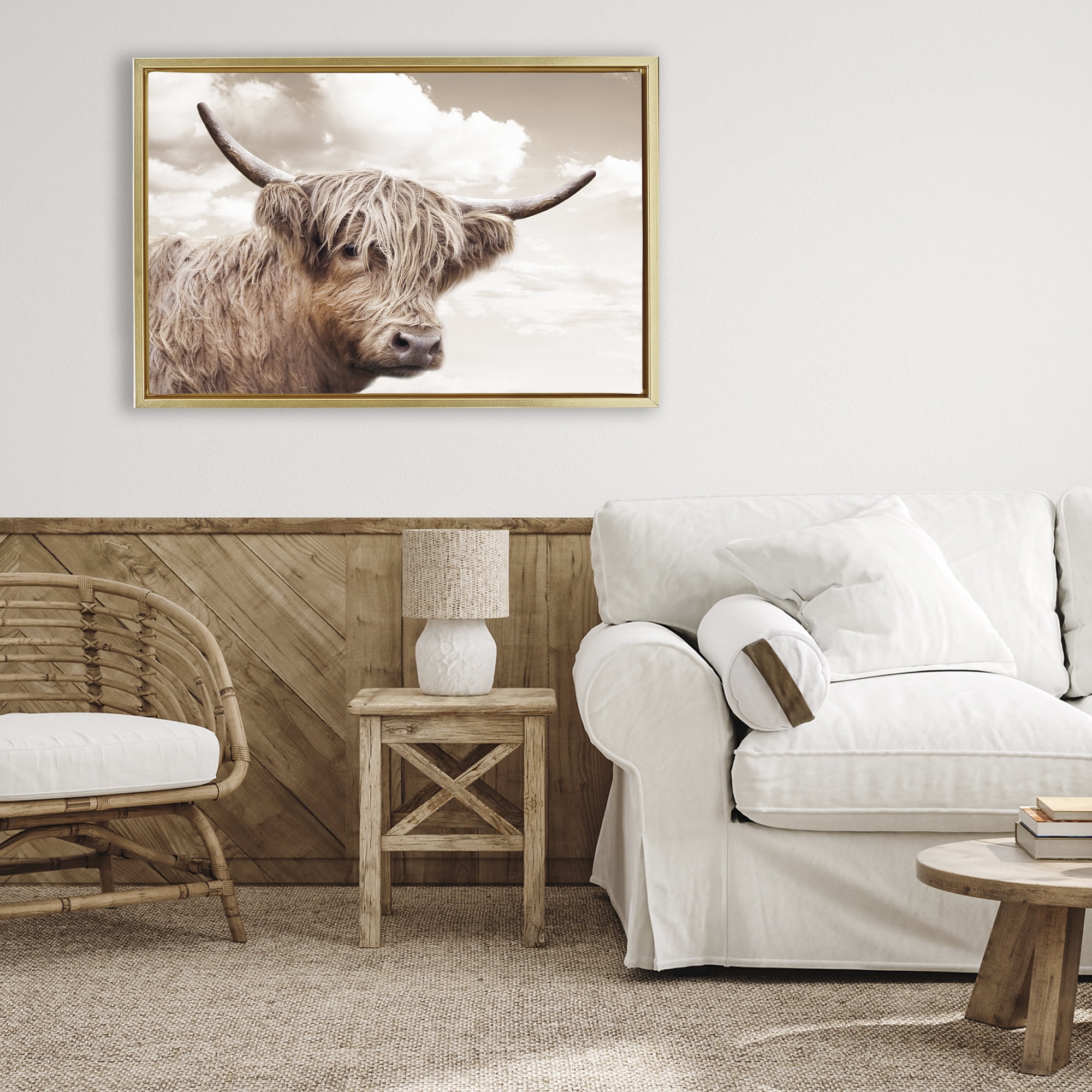 Stupell Industries Shaggy Highland Cow & Clouds Gold Framed Floater Canvas Wall Art, design by CAD Designs