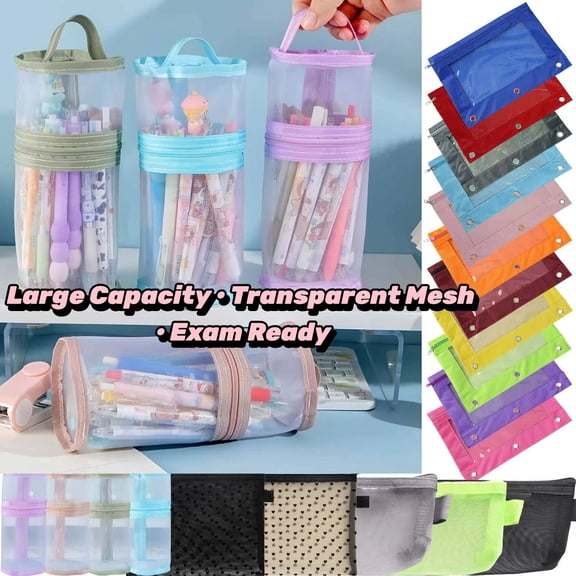 3-Hole Binder Pencil Pouch with Reinforced Eyelets, Transparent Document & Stationery Organizer Bag, Durable Oxford Cloth Pen Case for Office, Large Capacity Storage for 3-Ring Binders, AKLJWH