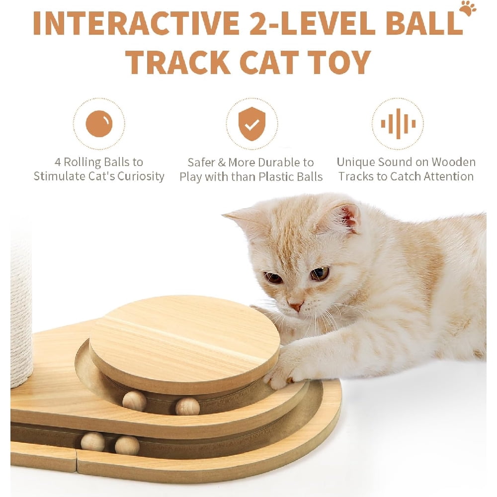 Cat Scratching Post for Indoor Cats, 23.4" Tall 2-Layer Sisal Cat Scratcher with Interactive Wooden Ball Track & Dangling Teaser Ball, Anti-Tip Solid Wood Base Kitten Play Toy