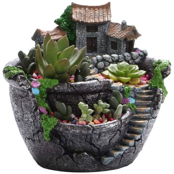 HUGFEGWE Plants Pot Tiny Creative Flowers Succulent Plants Pot Holders Hanging with Sweet House, Mini Garden Pot Container Fairy Garden Pot, Landscape Artificial Flowers Succulent Plant CJB91-138424
