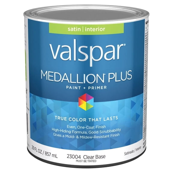 Valspar 23004 Clear Base Medallion Plus Interior Paint & Primer, Satin, 1 Quart
