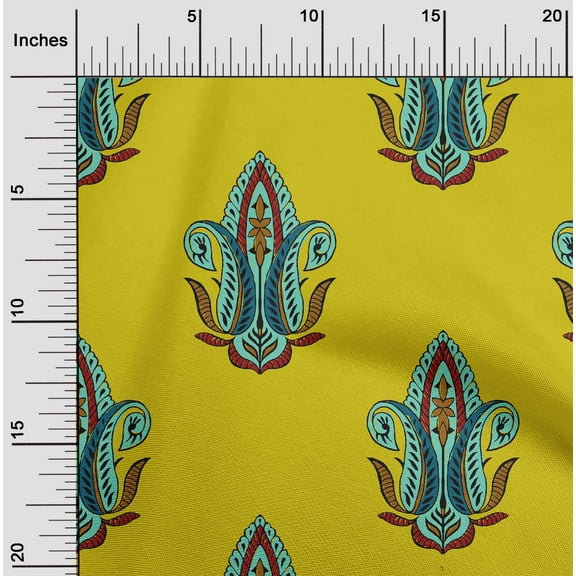 oneOone Cotton Jersey Medium Yellow Fabric Leaves & Paisley Block Sewing Fabric By The Yard Printed Diy Clothing Sewing Supplies 58 Inch Wide