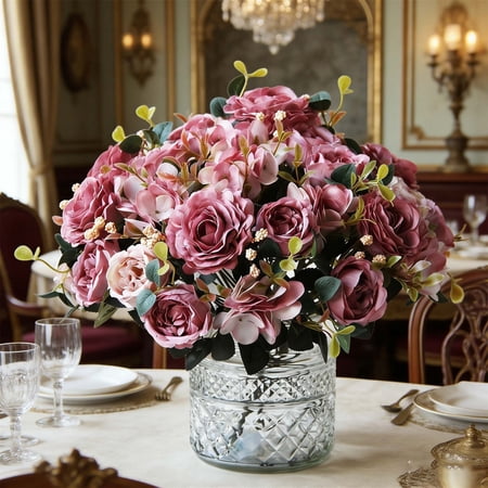 HOARBOEG Artificial Flower Bouquet Fake Roses and Peonies Silk Floral Arrangement with Hydrangeas Ready to Use Home Wedding Table Centerpiece Decor No Maintenance Fake Flowers