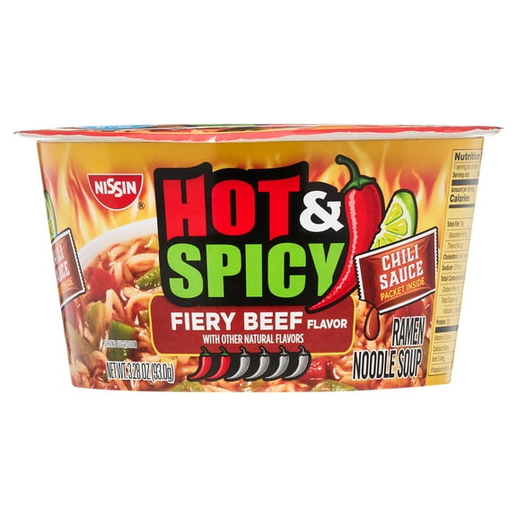 Nissin Foods Hot & Spicy Ramen Noodle Soup, Fiery Beef Flavor, 3.28 oz Bowl, Shelf-Stable