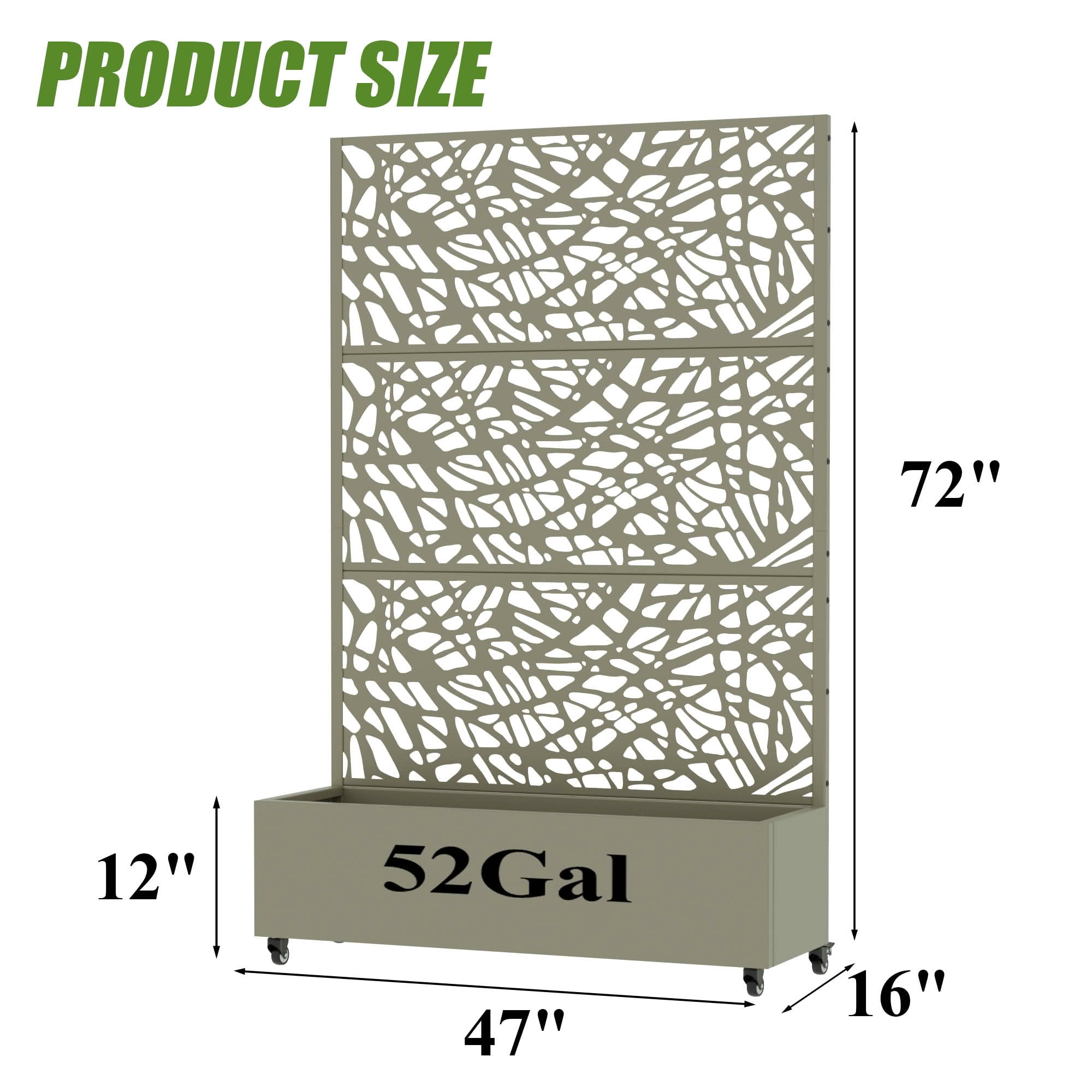 MAYEERTY 72X47" Metal Outdoor Olive Gray Privacy Screen with Planter Box for Backyard & Garden, 3 Piece Set
