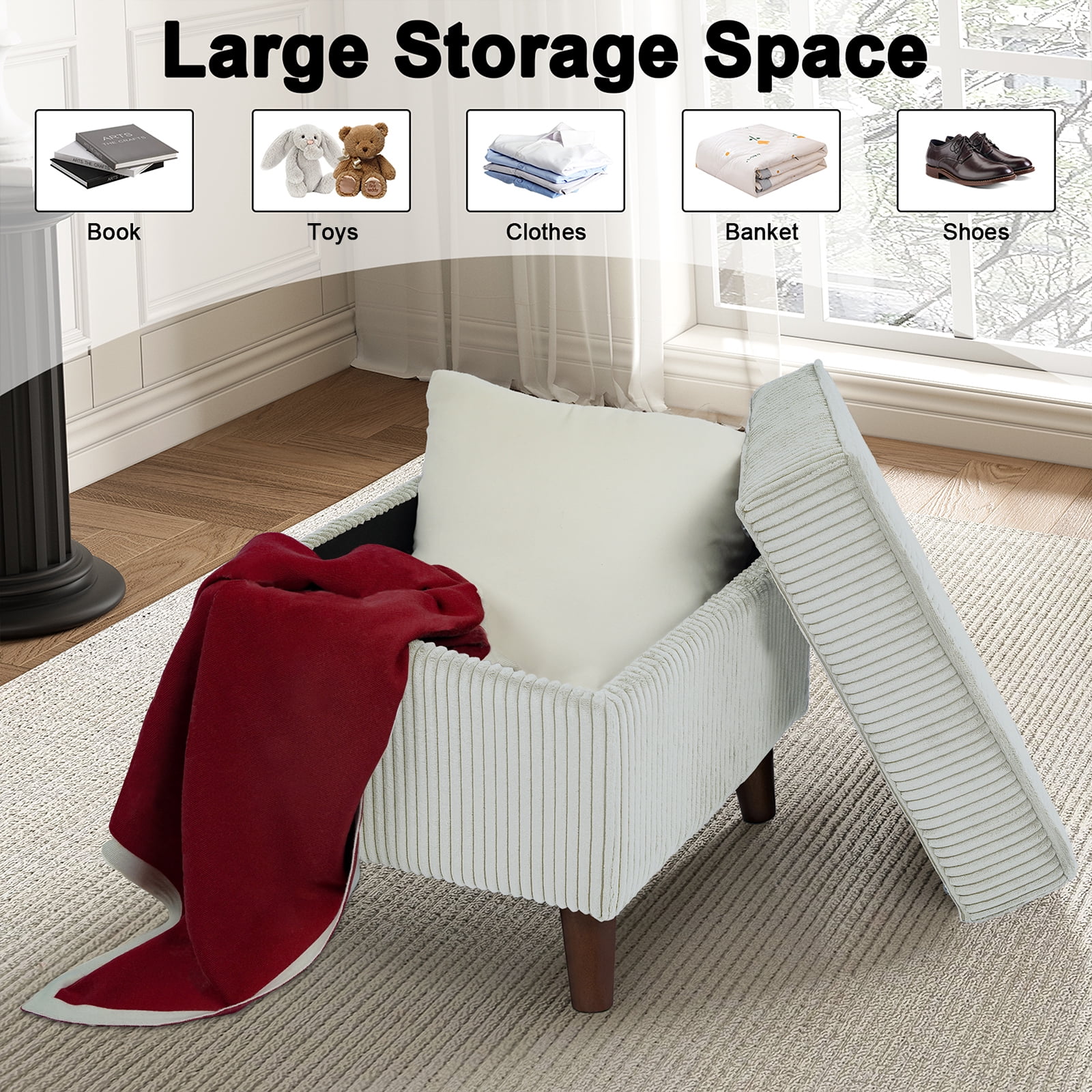 FAGAGA Large Storage Ottoman, Adjustable Foot Stool for Living Room, Step Stool Ottoman with Storage, Upholstered Corduroy Foot Rest for Bedroom, Dorm | Beige
